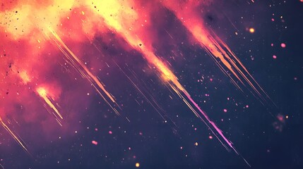 Fiery streaks of light descend through a dark, cosmic background with scattered particles