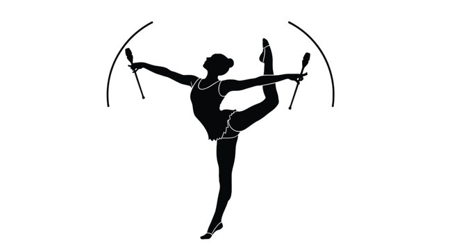 Silhouette of a rhythmic gymnast performing with clubs, demonstrating coordination and grace
