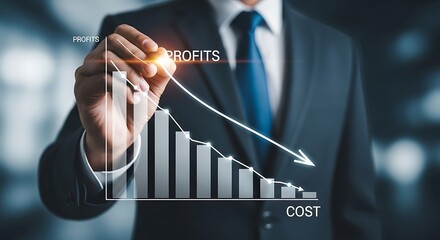Businessman drawing a downward trending bar graph showing declining profits and rising costs