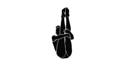 Silhouette of a woman doing yoga pose, lying on her back with legs raised and arms around knees