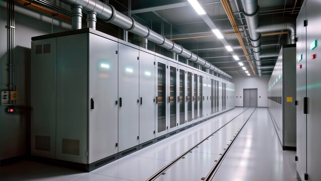 Long corridor in a modern data center with rows of server rack cabinets.