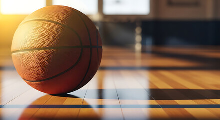 Basketball resting on polished wooden court floor in empty gymnasium, illuminated by sunlight streaming through windows, creating a sense of anticipation.