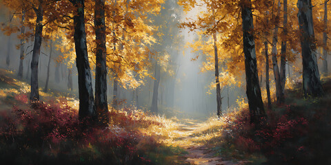 Golden autumn forest path with birch trees and soft sunlight glowing through mist creating a warm serene and painterly landscape