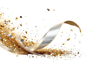 Gold and Silver Holiday Confetti Swirl with Sparkle Accents, Elegant Festive PNG
