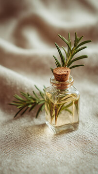 Natural Raw Rosemary Oil in Glass Bottle with Cork &ndash; Organic Skincare, Hair Growth, and Aromatherapy Concept on Light Background with Copy Space