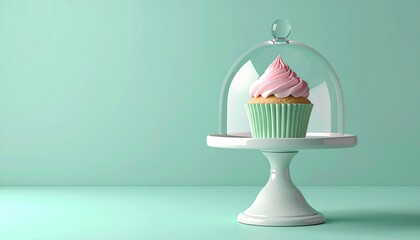 Single Cupcake Under Glass Dome on Pedestal Stand.