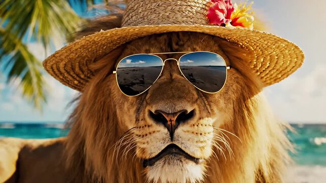 Lion relaxing at the beach with stylish hat sunglasses