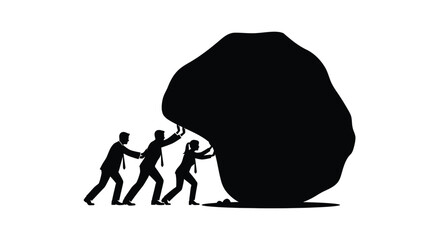 Three silhouettes struggle to push a large dark imposing boulder uphill © MALA