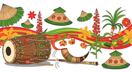 Assamese bihu celebration featuring drum, hats, flowers, and sugarcane showcases the vibrant culture and traditions of Assam, India.