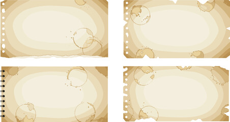 Vintage paper icon vector set—coffee-stained, torn, spiral-bound, and burnt-edge sheets for antique and creative compositions