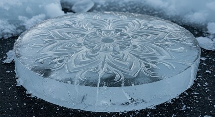 Circular block of clear ice features intricate carved floral pattern resting on dark ground