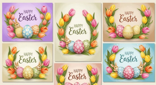 A delightful collection of easter themed designs featuring wreaths of tulips and decorated eggs, perfect for spring celebrations