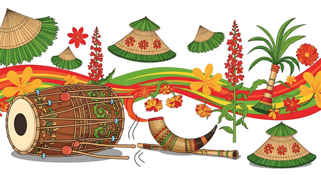 Assamese bihu celebration featuring drum, hats, flowers, and sugarcane showcases the vibrant culture and traditions of Assam, India.