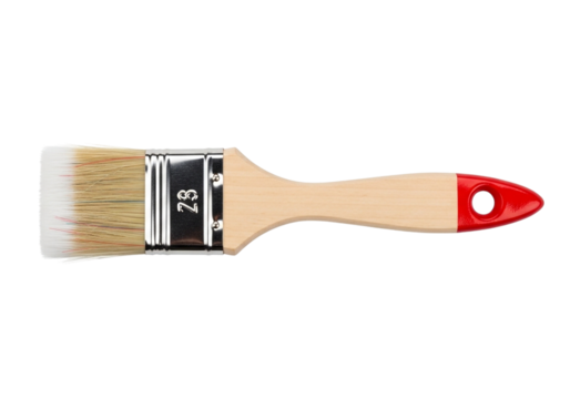 A new paint brush with natural bristles and a wooden handle, isolated on a transparent background, ready for diy projects