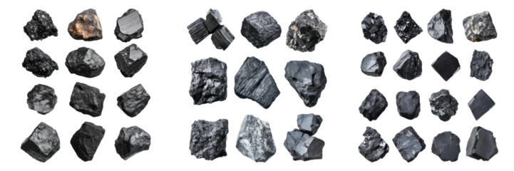 Different types of dark grey anthracite coal arranged and showcased. Various anthracite coal, black stone