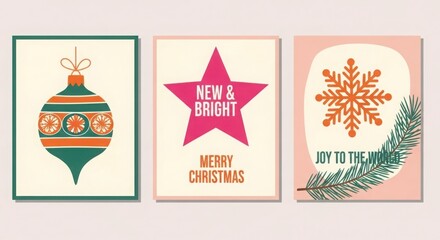 Retro christmas card set with christmas ball, star and snowflake isolated on white background for your unique design