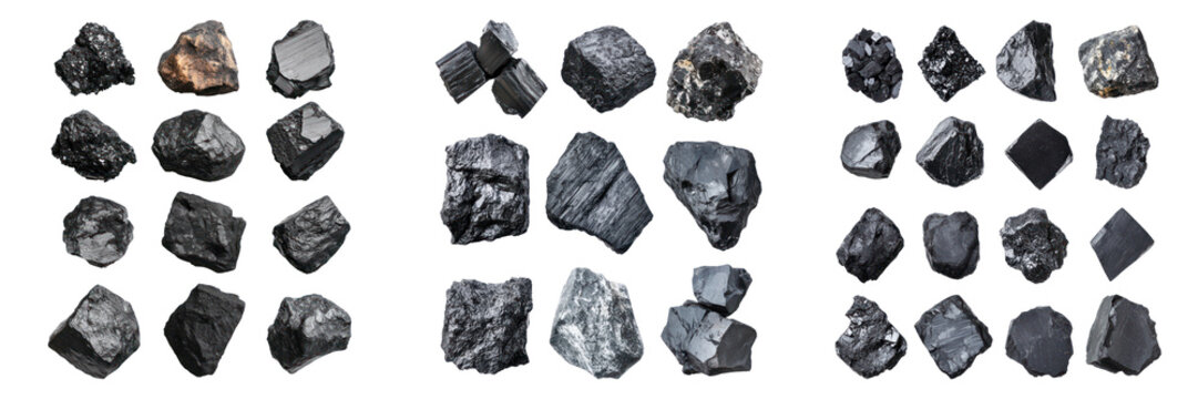 Different types of dark grey anthracite coal arranged and showcased. Various anthracite coal, black stone