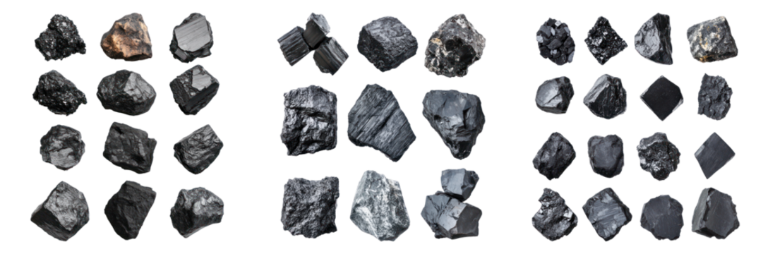 Different types of dark grey anthracite coal arranged and showcased. Various anthracite coal, black stone