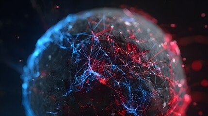 Abstract digital sphere displays illuminated network connections in contrasting red and blue illumination