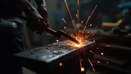 Metalworker welding sparks close up with bright illumination and tools
