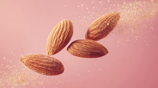 Almonds falling with almond flour on a pink background, healthy food concept. almonds and almond flour, perfect for culinary and health-related projects. - Powered by Adobe