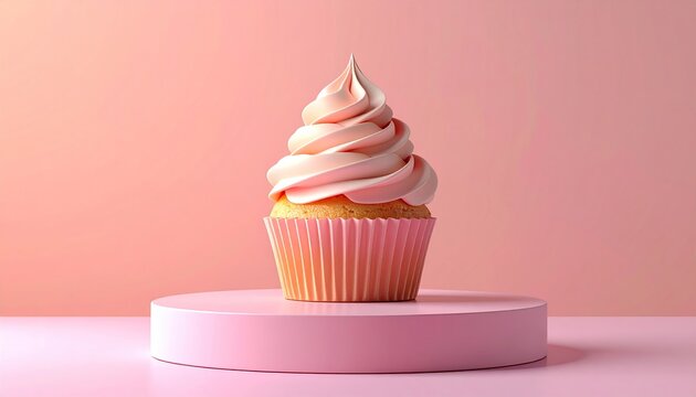 Delicious vanilla cupcake with pink and white swirled frosting on a pink pedestal.
