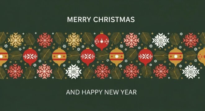 Festive christmas and happy new year banner with ornaments and snowflakes on dark green background for holiday season