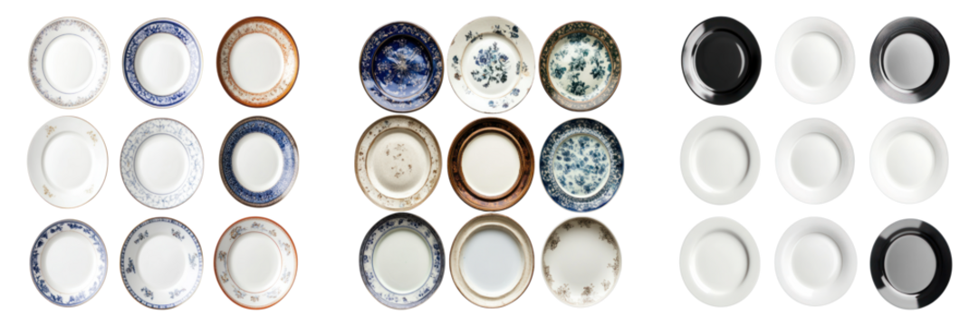 A collection of assorted plates, each with unique designs, showcasing a variety of styles and colors. Plates are neatly arranged, highlighting their details and textures