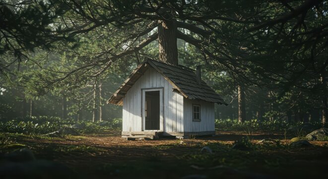 Small weathered wooden cabin rests beneath the dense canopy of a tall forest tree