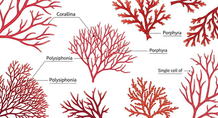 Various types of red algae displayed against a white backdrop, showcasing their intricate branching patterns and unique structures in detail.