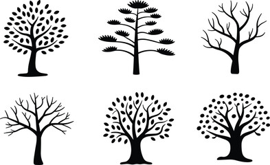 Vector illustration of six black tree silhouettes with diverse canopy shapes, leaf styles, and branching structures for nature and design themes
