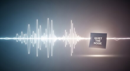 Dynamic sound wave visualization with a 'Quiet the Noise' message creates a powerful abstract representation of audio control and peaceful transitions, perfect for modern media and technology themes.