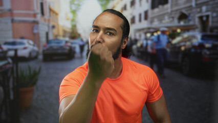 Fototapeta premium Man in orange tshirt with clenched fist shouting on a crowded city street near parked cars and sidewalk cafes; anger defiance.