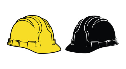Two construction helmets one yellow and one black side by side