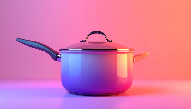 Stainless steel cooking pots and pans, with a lid and handle, isolated on a white kitchen background