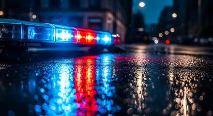 Police car reflects red and blue lights on wet city street at night during emergency response, creating dramatic and urgent atmosphere.