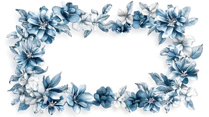 Delicate blue floral garland creates a rectangular border arrangement on a white background