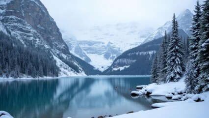 Snow covered mountains reflect in calm lake waters on a cloudy winter day
