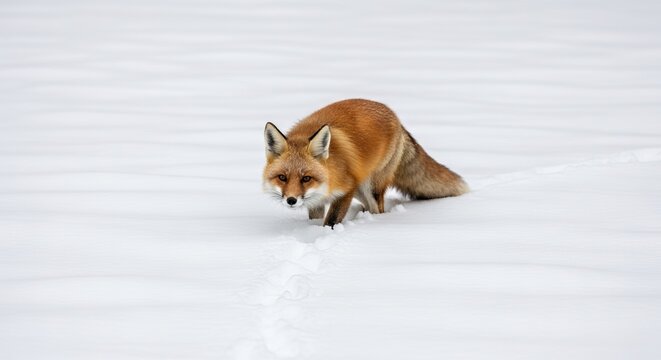 Red fox walking through a snowy field looking directly at the camera on a cold winter day outdoors