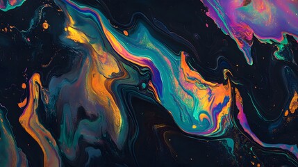 Vibrant colors swirl together in a dark, flowing abstract pattern