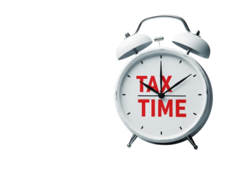 Alarm clock with tax time text isolated on transparent background