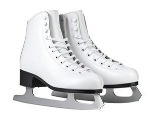 Classic White Ice Skates Pair with Leather Laces, Front Angle, Isolated on Transparent Background
