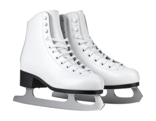 Classic White Ice Skates Pair with Leather Laces, Front Angle, Isolated on Transparent Background