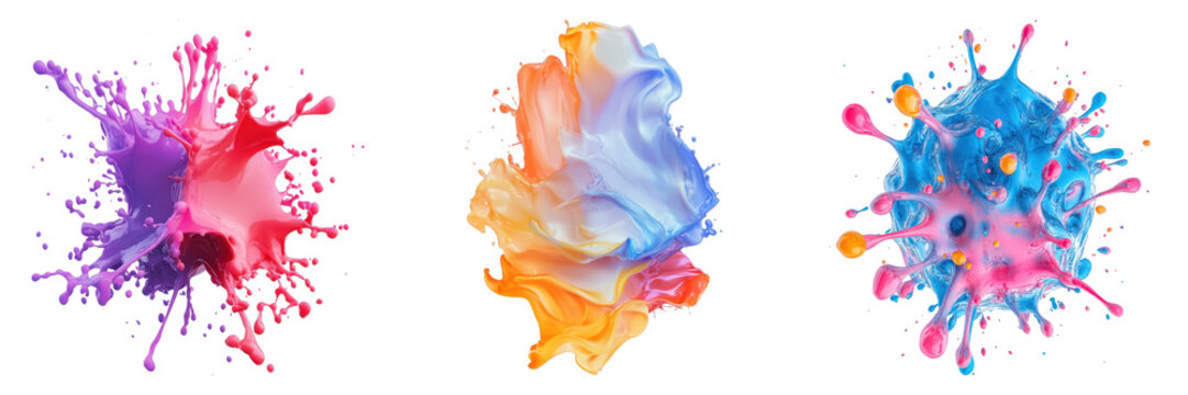 Dynamic splashes of vibrant paint in a spectrum of colors, each with its unique shape and texture