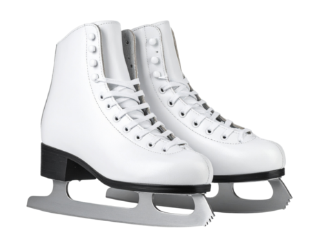 Classic White Ice Skates Pair with Leather Laces, Front Angle, Isolated on Transparent Background