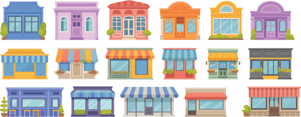 Vector illustration of sixteen colorful storefronts with unique architectural styles, windows, awnings, plants, and decorative urban retail facades