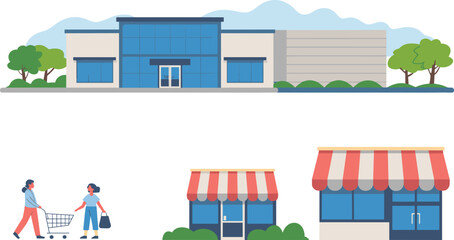 Vector illustration of supermarket, small retail shops, and shoppers with carts and bags in urban setting with trees and striped awnings