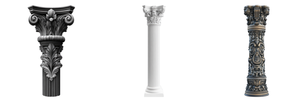 Three Classical Columns Featuring Intricate Architectural Detail
