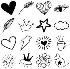 Hand Drawn Doodle Clipart Set | Cute Hearts, Stars, Crowns, Coffee Mug, Lightning, Flowers & Leaves | Minimal Black and White Line Art for Stickers, Journals, Scrapbooks & Digital Design