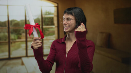Hispanic woman wearing glasses and a red sweater, smiling while holding a diploma scroll tied with a red ribbon in a cozy living room; academic success pride celebration.
